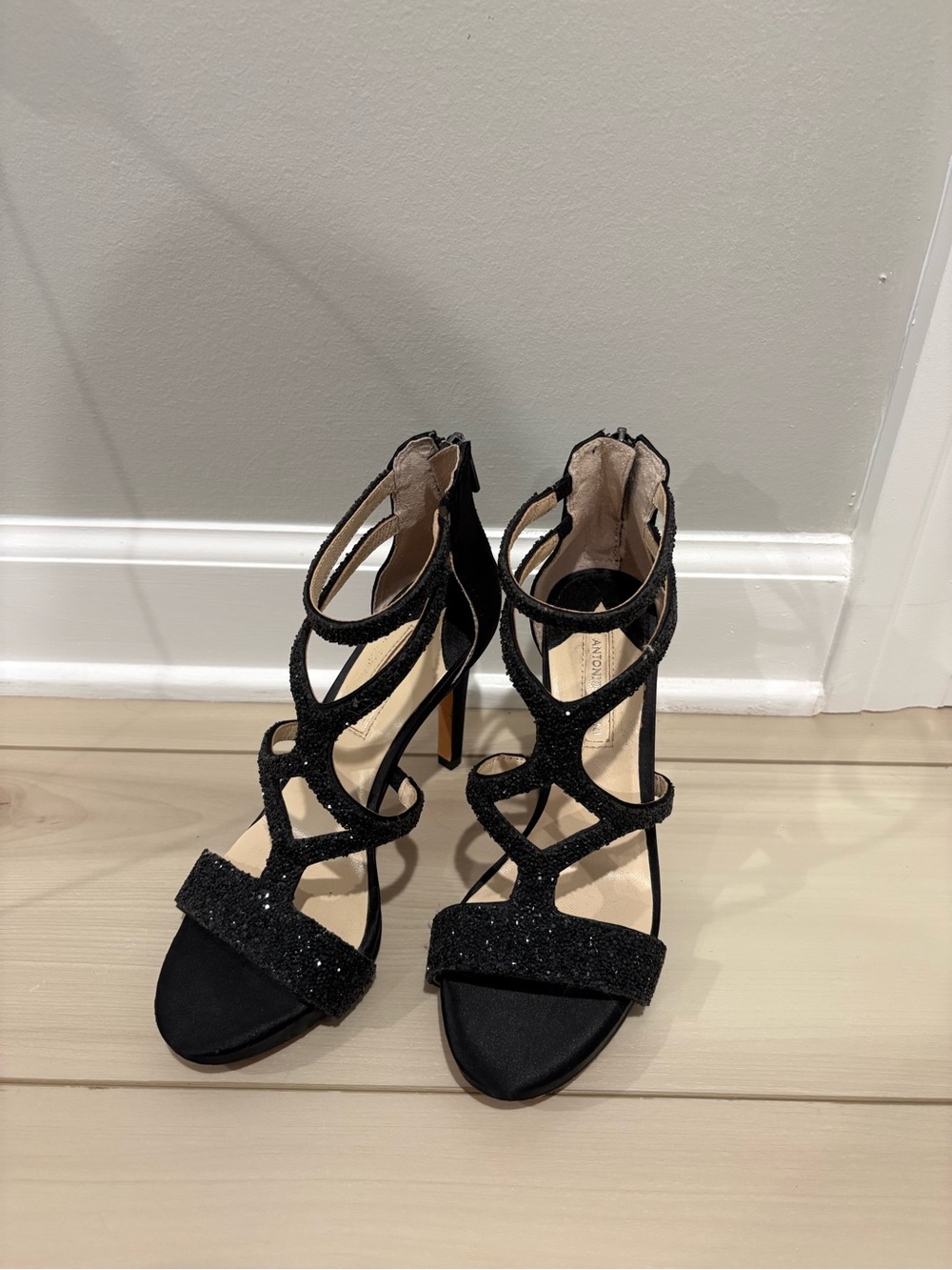 ANTONIO MELANI Black Glitter Strappy High Heel Sandals
